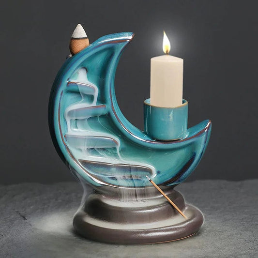 1pc 3 in1 Ceramic Moon Waterfall Incense Burner with Backflow Feature Candle Holder & Incense Stick Burner (Without Incense） BG76 Only Burner