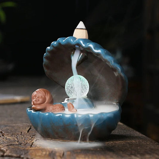 1pc Blue Shell Pearl Incense Burner Home Decor for Living Room Pearl In Shell with LED Light Desktop Mermaid Incense Burner