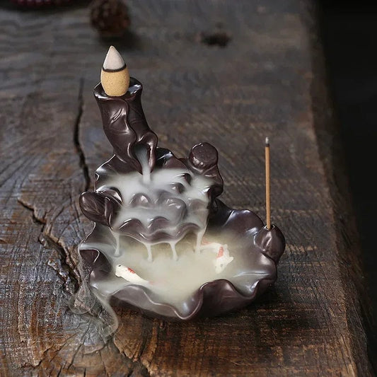 1pc,Waterfall Backflow Incense Burner with Lotus, Koi Fish Incense Stick Holder Indoor Aromatherapy（Without Incense) AE28