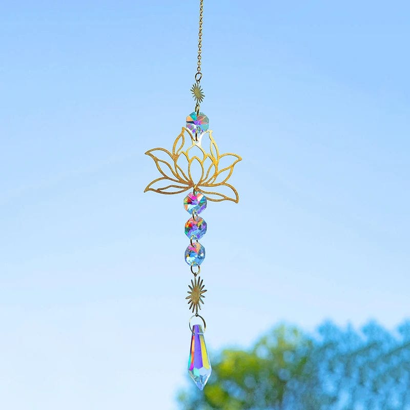 1PcMetalLotusandArtificial Crystal Suncatcher Charm Handmade Applicable Home Wind Chime Pendant Outdoor Garden Plant Decoration