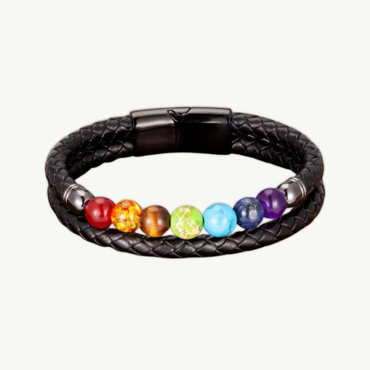 Bracelet 7 Chakras cuir noir et pierres naturelles Noir / 7 chakras / 23cm