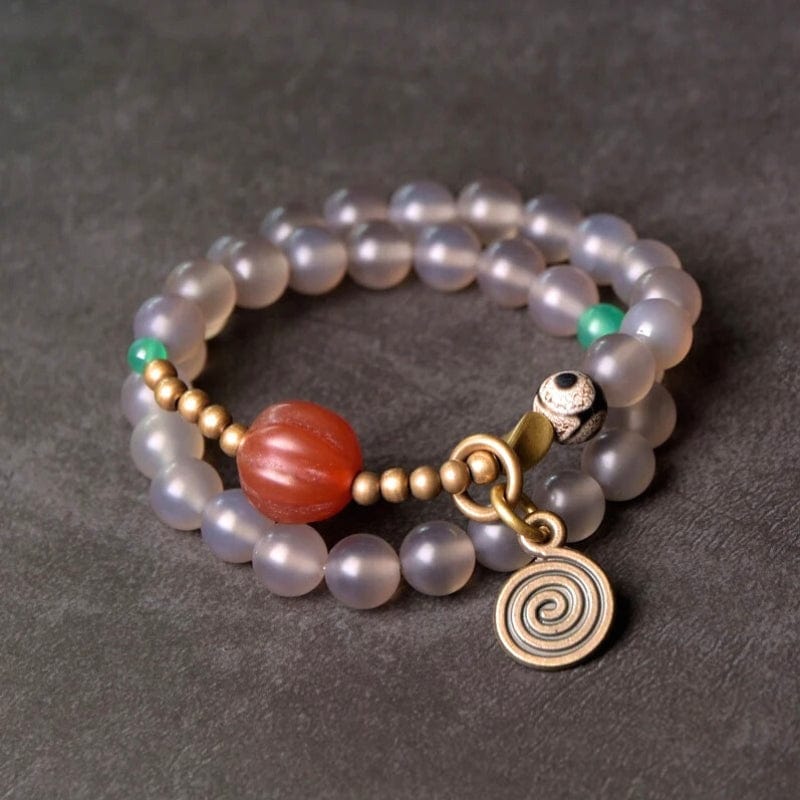 Aasha - Bracelet en Agate (Grise ou Blanche) et Perle Dzi 15 à 16cm / Agate Grise