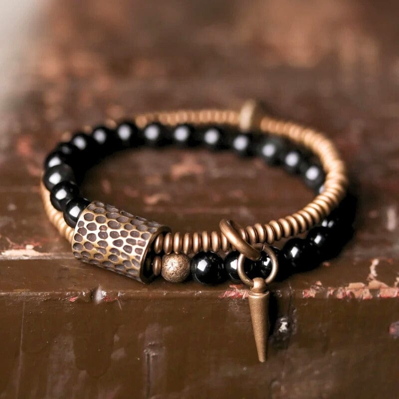 Vajra - Bracelet en Obsidienne et Laiton Martelé