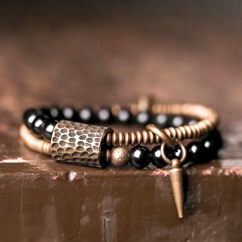 Vajra - Bracelet en Obsidienne et Laiton Martelé