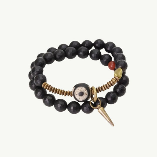 Kalachakra - Bracelet en onyx facetté, perle dzi et cuivre tibétain 15 à 16cm