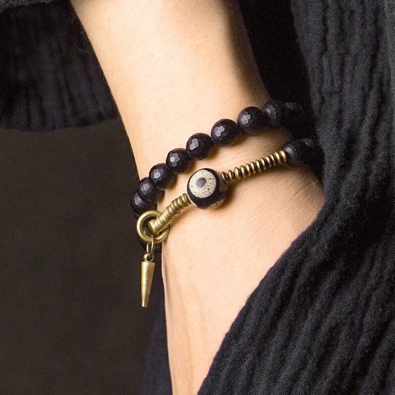 Kalachakra - Bracelet en onyx facetté, perle dzi et cuivre tibétain