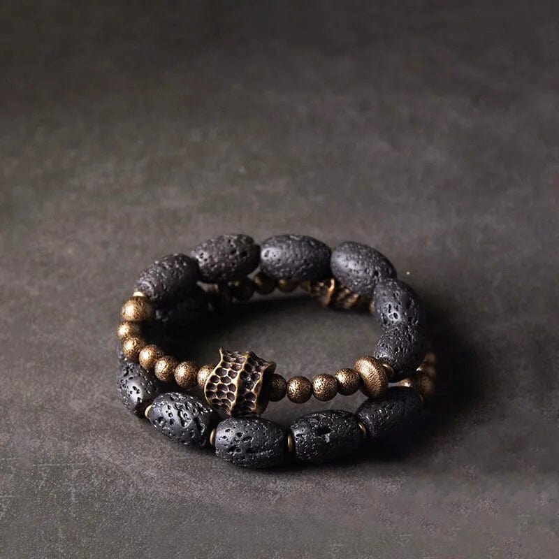 Jivaka - Bracelet en Pierre de Lave et Charme en Laiton