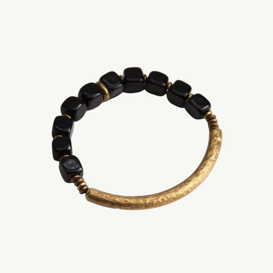 Kshetra - Bracelet en Obsidienne Noire et Laiton Martelé 15 à 16cm