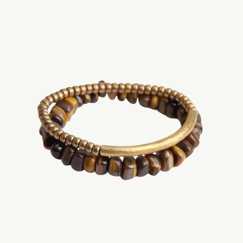 Simhanada - Bracelet en œil de tigre doré avec bracelet en cuivre offert 15 à 16cm