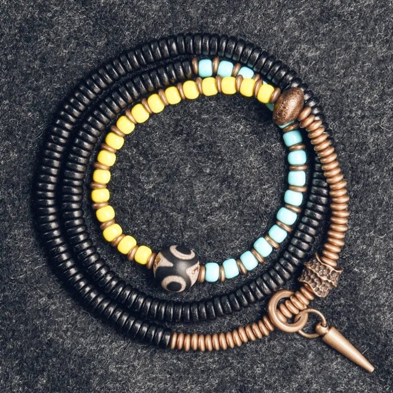 Siddhartha - Bracelet en Perles Colorées, Ébène et Perle Dzi 15 à 16cm / Jaune et Bleu