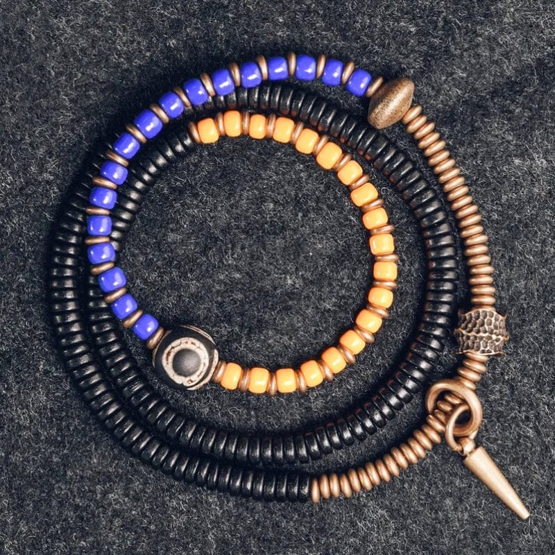 Siddhartha - Bracelet en Perles Colorées, Ébène et Perle Dzi 19 à 20cm / Bleu et Orange