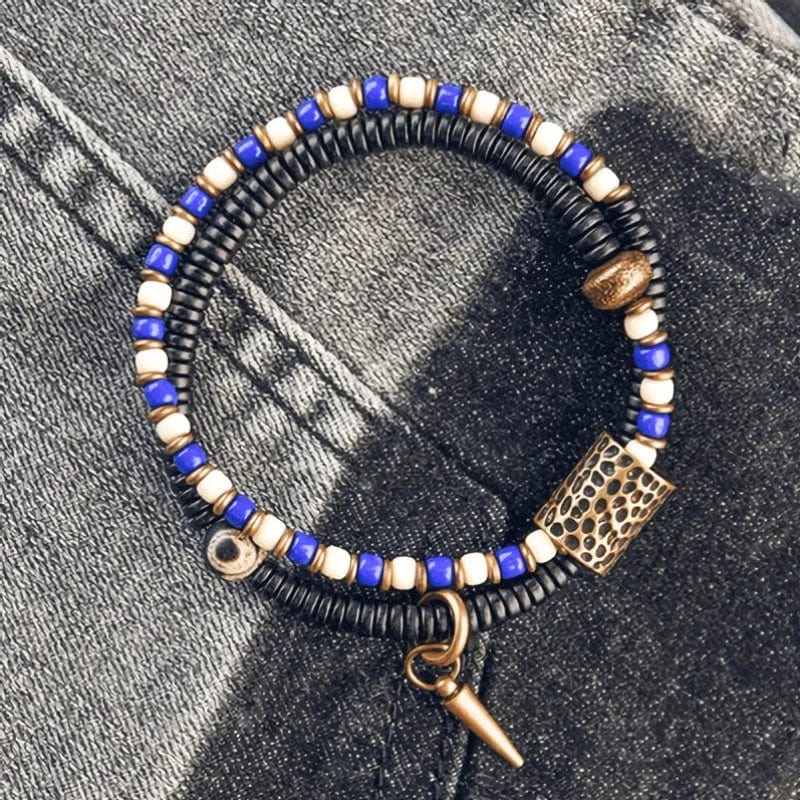 Avaloka - Bracelet tibétain en perles d’azur, ébène et perle Dzi 15 à 16cm / Bleu