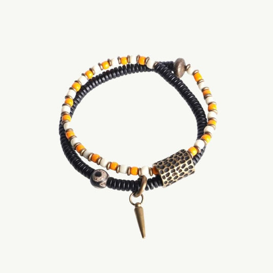 Avaloka - Bracelet tibétain en perles d’azur, ébène et perle Dzi 15 à 16cm / Jaune