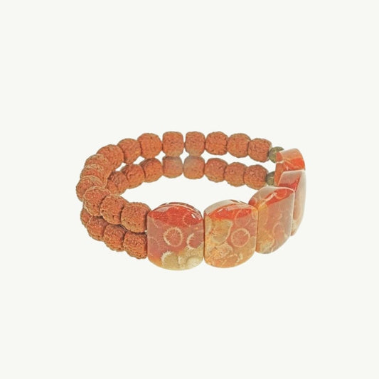 Kalpa - Bracelet Tibétain en Rudraksha et Pierre de Corail 15 à 16cm