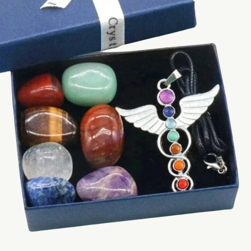 Coffret cadeau collier + pierres 7 chakras Pierres 7 chakras + collier