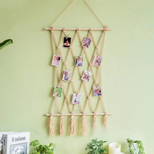 Hanging Photo Display Macrame Wall Hanging Pictures Frame Holder 10 Clips Boho Home Office Decor Wall Art Teen Girl Room Decor