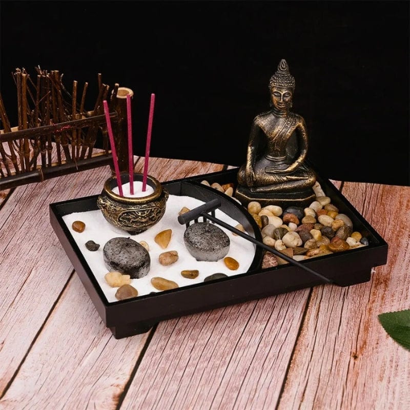 Jardin Zen avec Statue de Bouddha, Porte-Bougie et Brûleur d’Encens Jardin zen