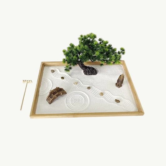 Jardin Zen Japonais avec Bonsaï et Sable Blanc Bonsaï et Sable Blanc / 40x29x2.5cm