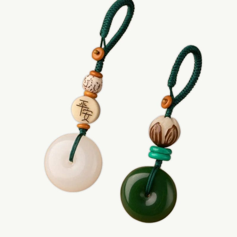 Porte-Clés Amulette en Jade Blanc et Vert