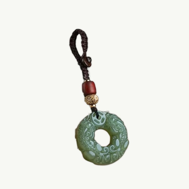 Porte-Clés en Jade Sculpté et Bois de Bodhi Vert